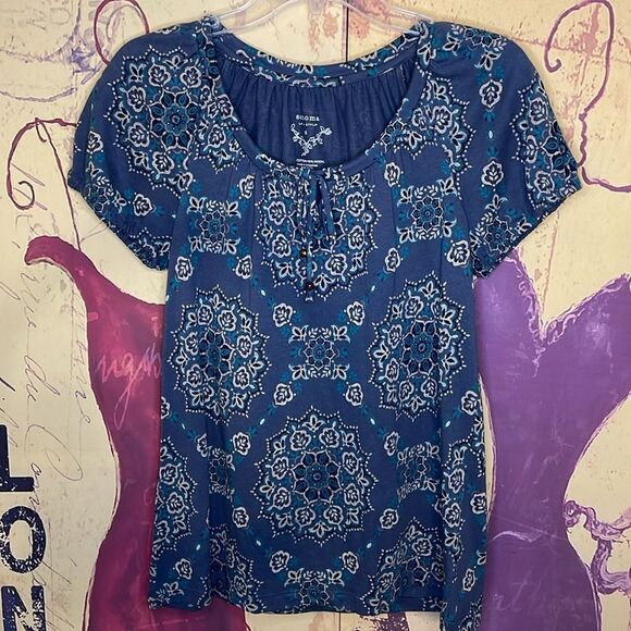 Sonoma Ladies Short Sleeve Bluish Gray Floral Top, Size Small - Picture 8 of 8